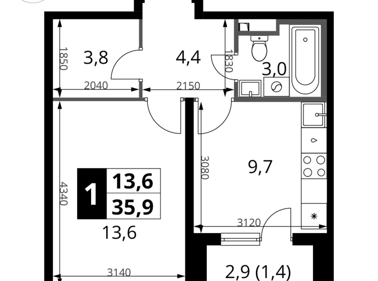 1 room apartment 36 m² Potapovo, Russia