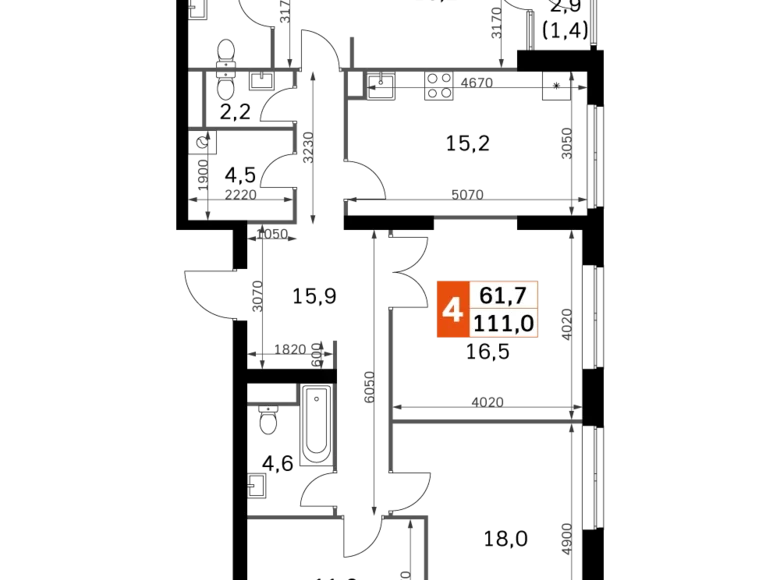4 room apartment 111 m² Moscow, Russia