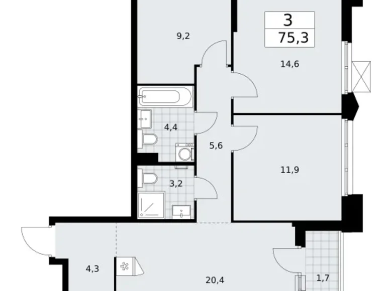 3 room apartment 75 m² Troitsk, Russia