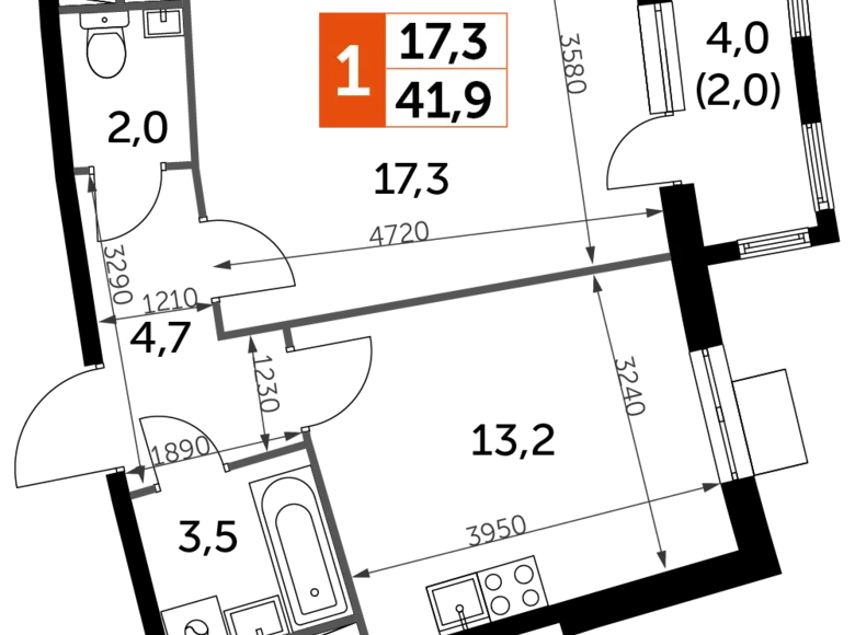 Квартира 1 комната 42 м² Развилка, Россия