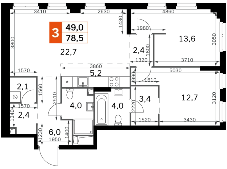 3 room apartment 79 m² North-Western Administrative Okrug, Russia