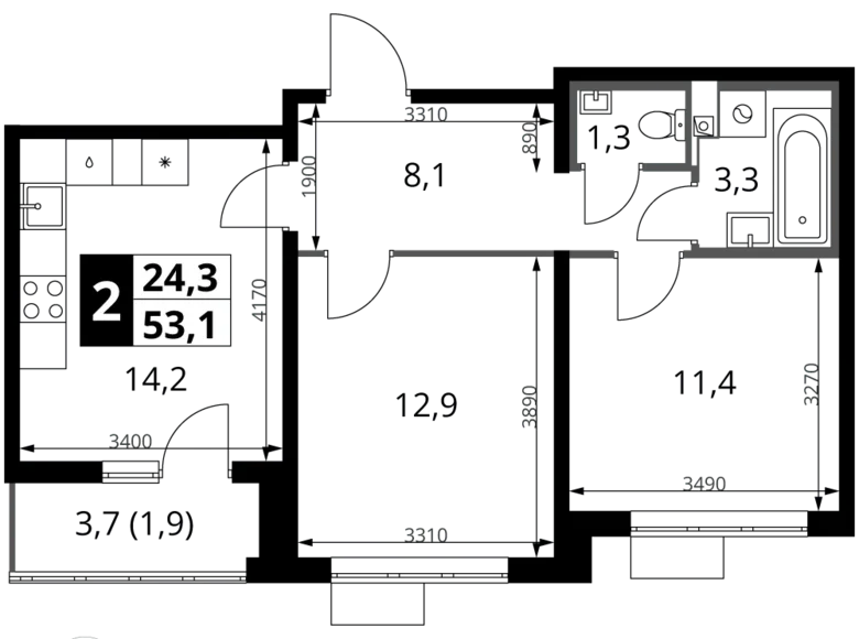 Mieszkanie 2 pokoi 53 m² rejon leniński, Rosja