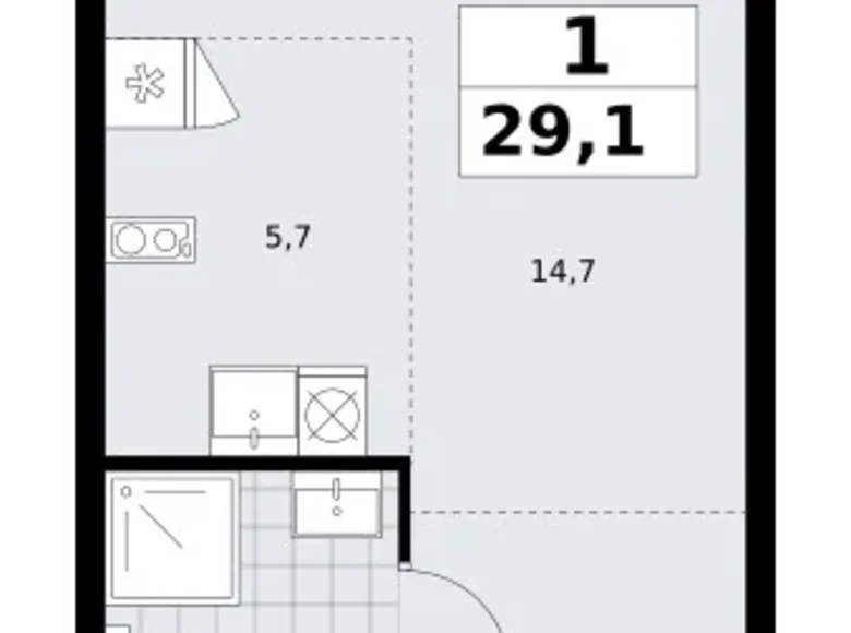 Квартира 1 комната 29 м² район Троицк, Россия