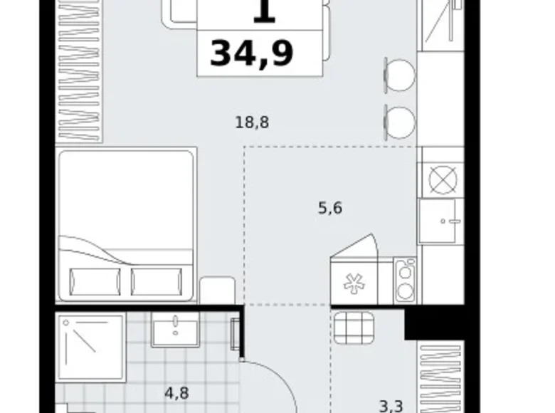 1 room apartment 35 m² Kommunarka, Russia