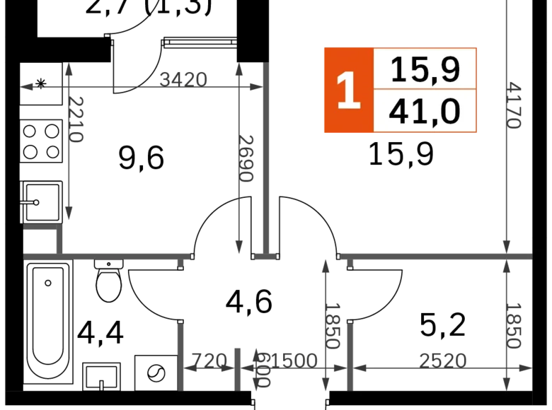 1 room apartment 41 m² Moscow, Russia