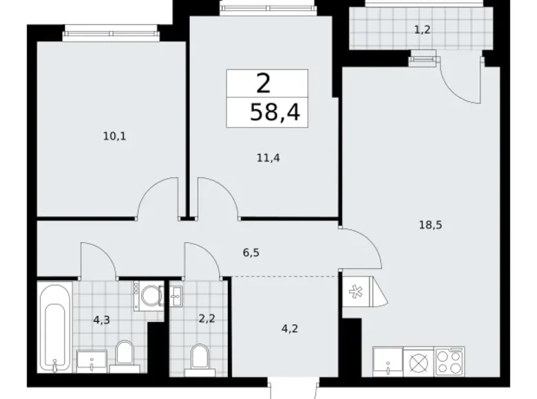 Квартира 2 комнаты 58 м² район Троицк, Россия