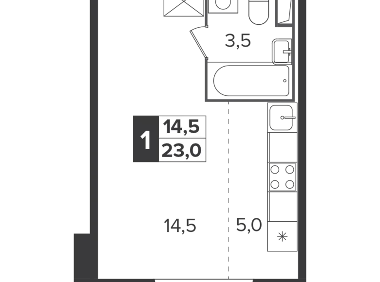 Студия 1 комната 23 м² Москва, Россия