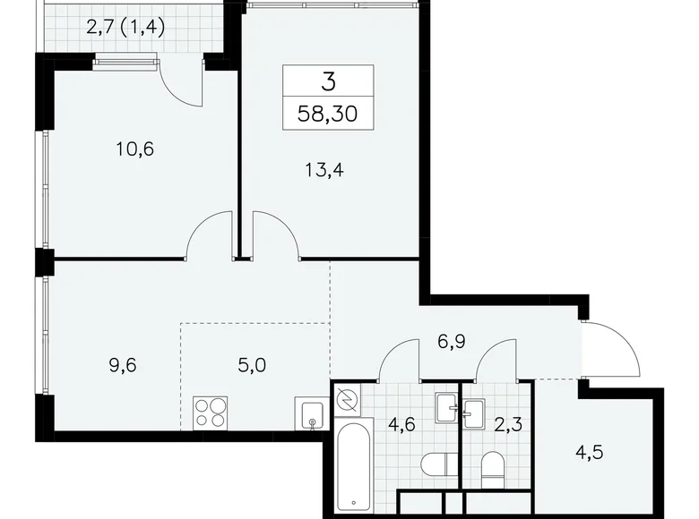 3 room apartment 58 m² South-Western Administrative Okrug, Russia