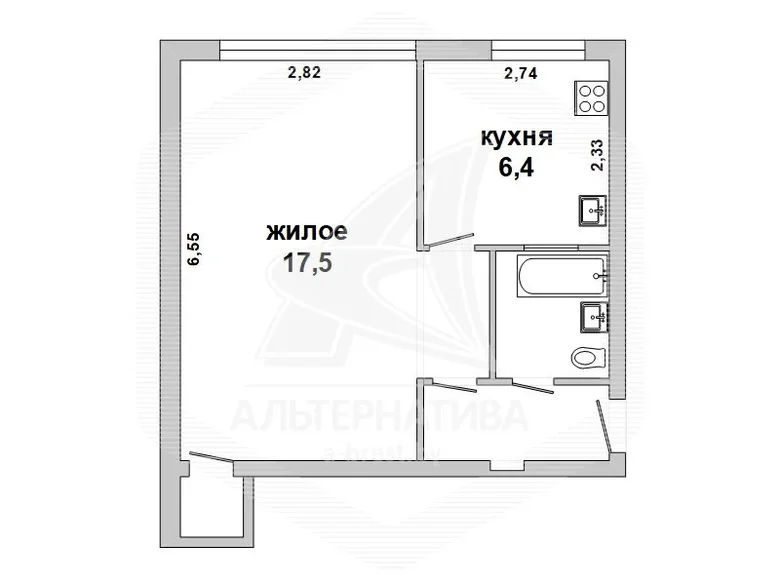 Wohnung 1 zimmer 32 m² Brest, Belarus