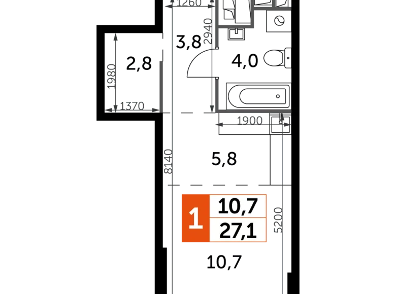 Студия 1 комната 27 м² Москва, Россия