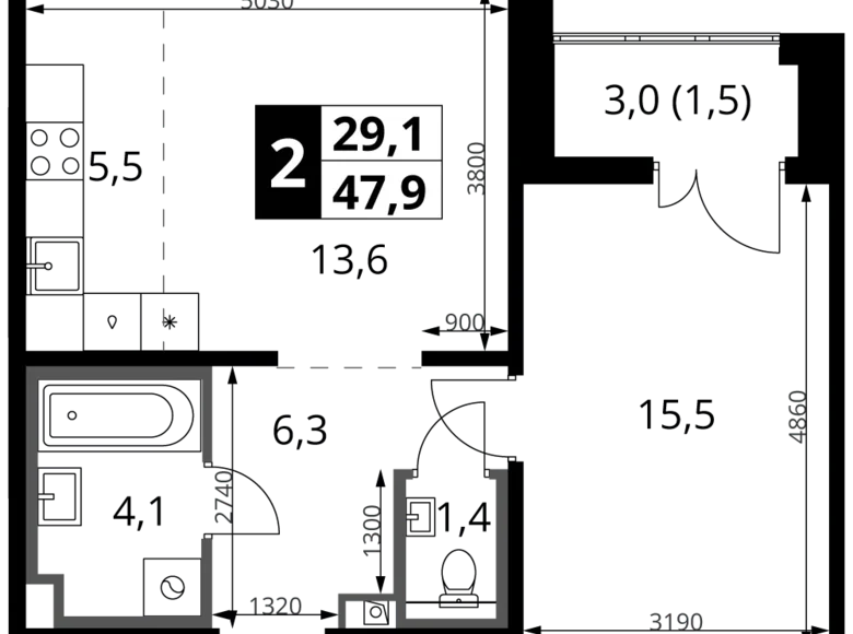 Mieszkanie 2 pokoi 48 m² rejon leniński, Rosja