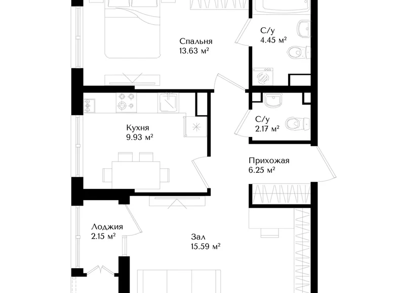 Квартира 2 комнаты 53 м² Ташкент, Узбекистан