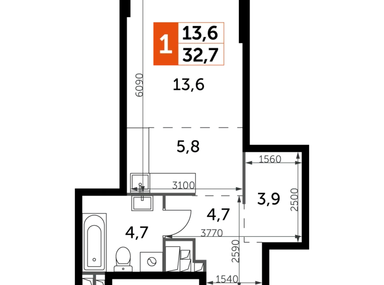 1 room apartment 33 m² Moscow, Russia