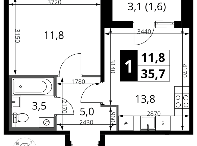 1 room apartment 36 m² Khimki, Russia