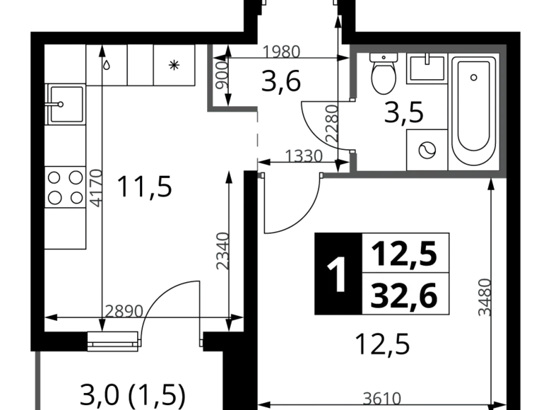 Квартира 1 комната 33 м² Ленинский район, Россия