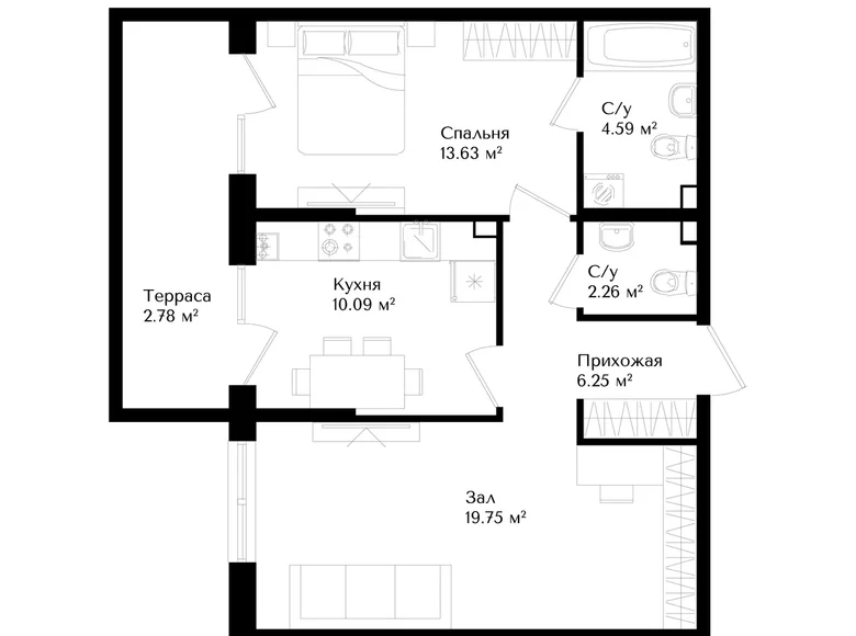 Квартира 2 комнаты 55 м² Ташкент, Узбекистан