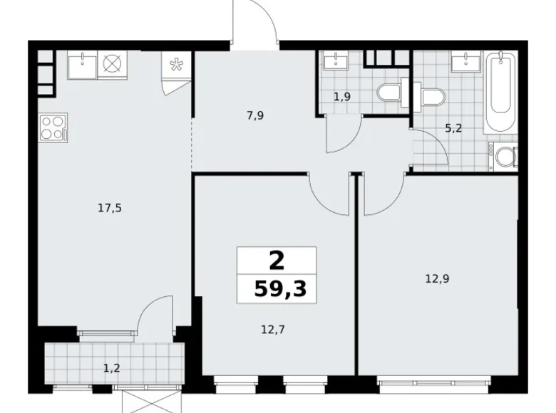 2 room apartment 59 m² South-Western Administrative Okrug, Russia