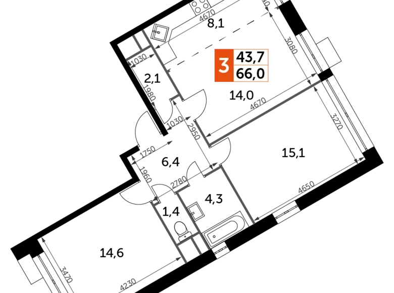 Квартира 3 комнаты 66 м² Veshki, Россия