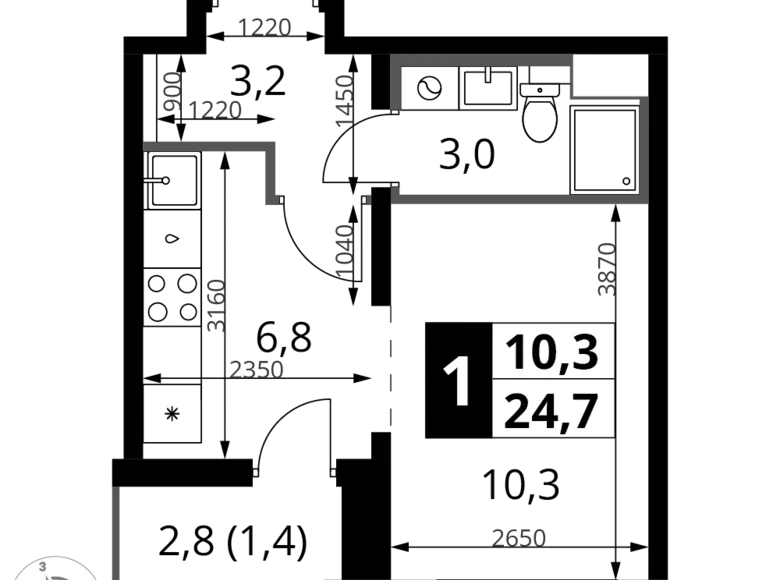 Квартира 1 комната 25 м² Ленинский район, Россия