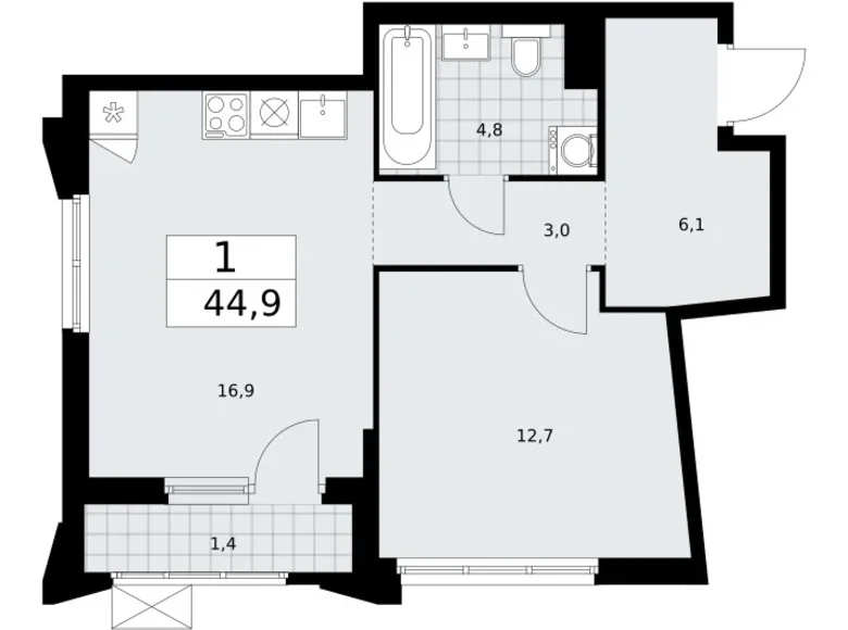 Apartamento 1 habitación 45 m² Troitsk, Rusia