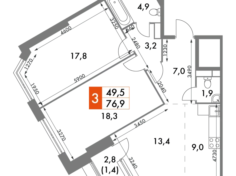 Apartamento 3 habitaciones 77 m² Konkovo District, Rusia