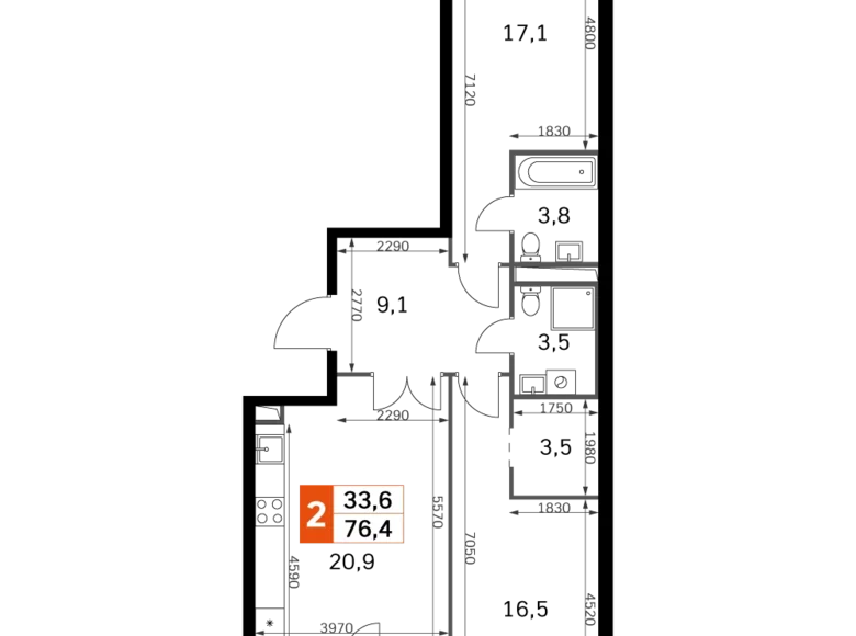 Квартира 2 комнаты 77 м² Москва, Россия