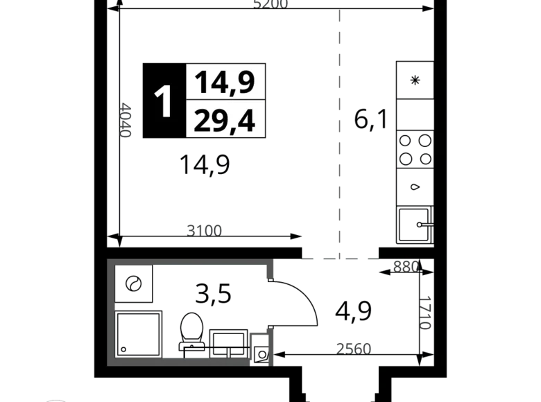 Студия 1 комната 29 м² Ленинский район, Россия