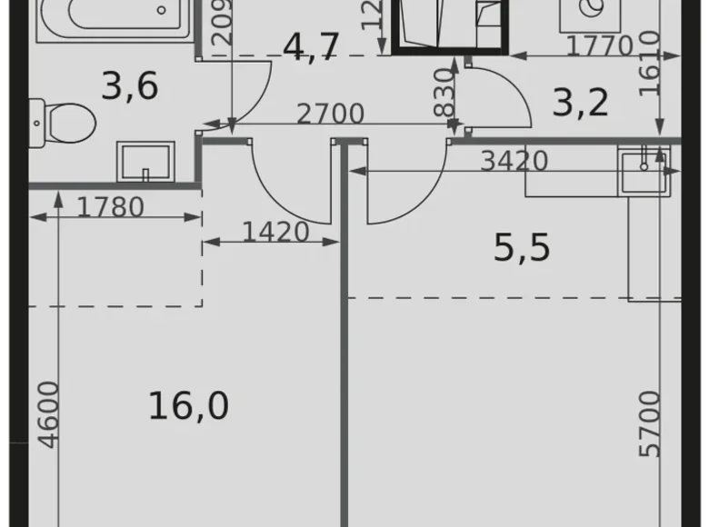 2 room apartment 47 m² Moscow, Russia