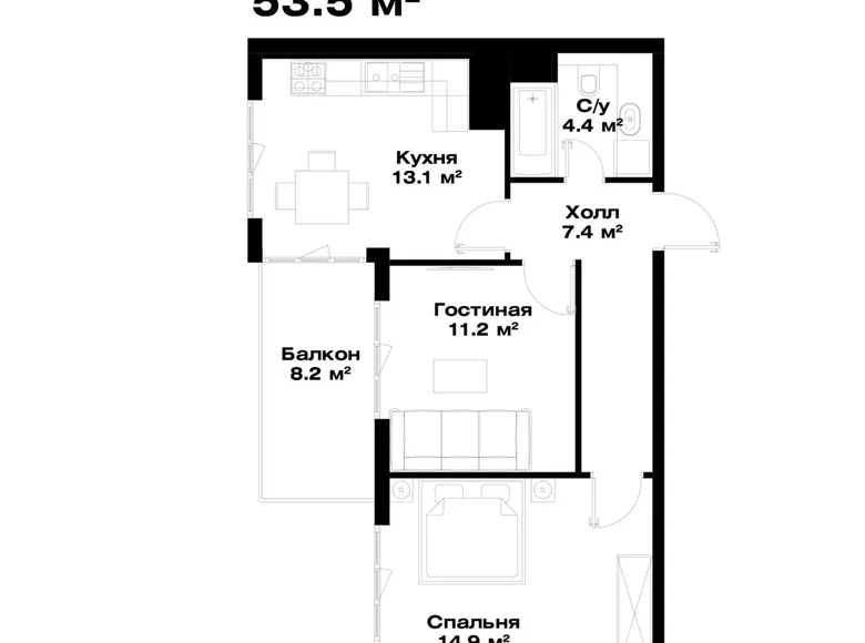 Квартира 2 комнаты 53 м² Ташкент, Узбекистан