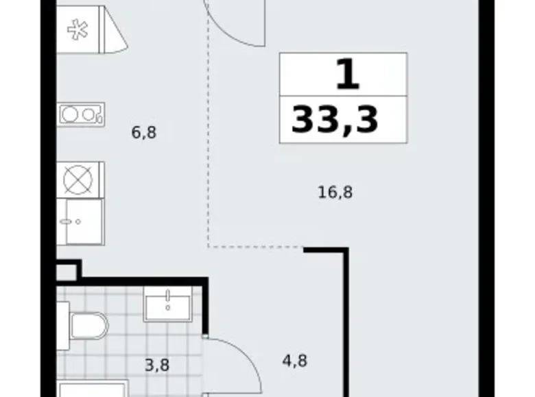 1 room apartment 33 m² Troitsk, Russia