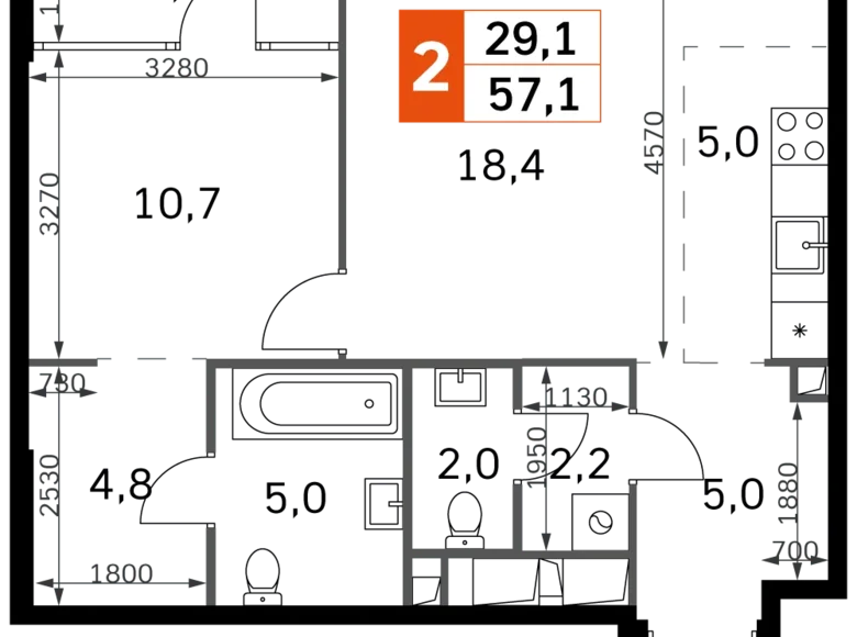 Mieszkanie 2 pokoi 57 m² North-Western Administrative Okrug, Rosja