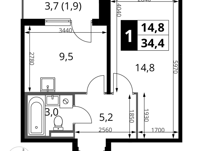 Apartamento 1 habitación 34 m² Potapovo, Rusia