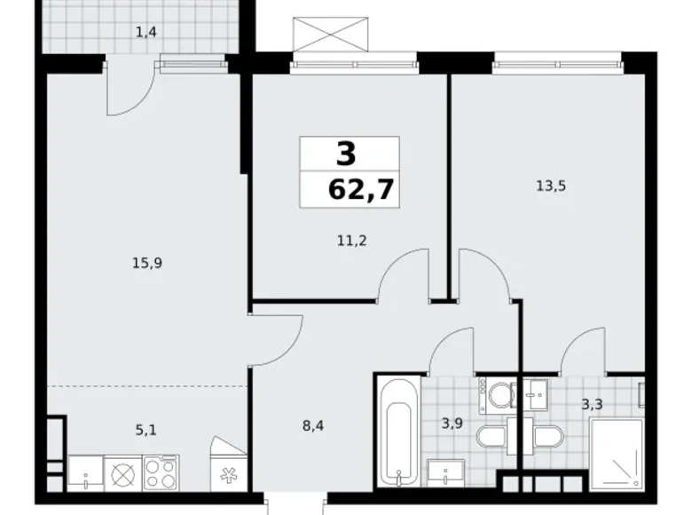 3 room apartment 63 m² poselenie Sosenskoe, Russia