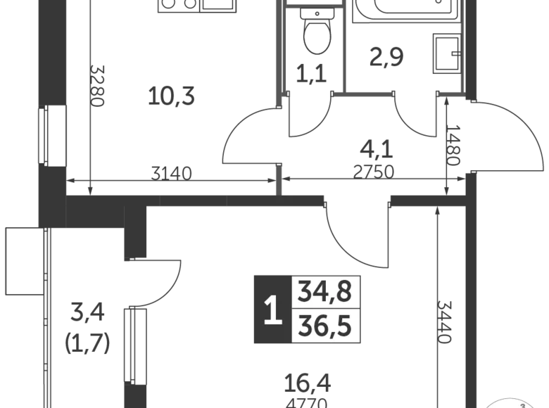 1 room apartment 37 m² Lyubertsy, Russia