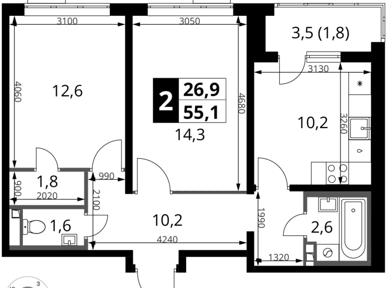 2 room apartment 55 m² Potapovo, Russia