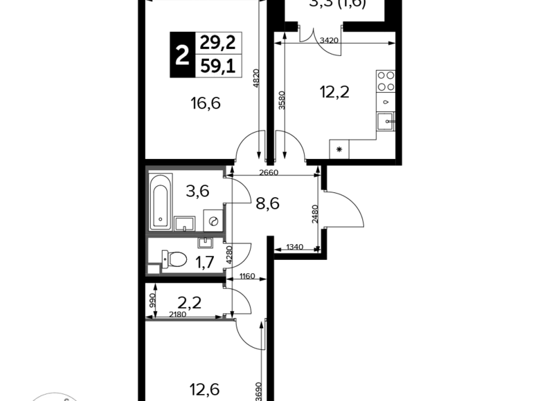 Квартира 2 комнаты 59 м² Москва, Россия