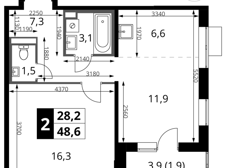 2 room apartment 49 m² Potapovo, Russia