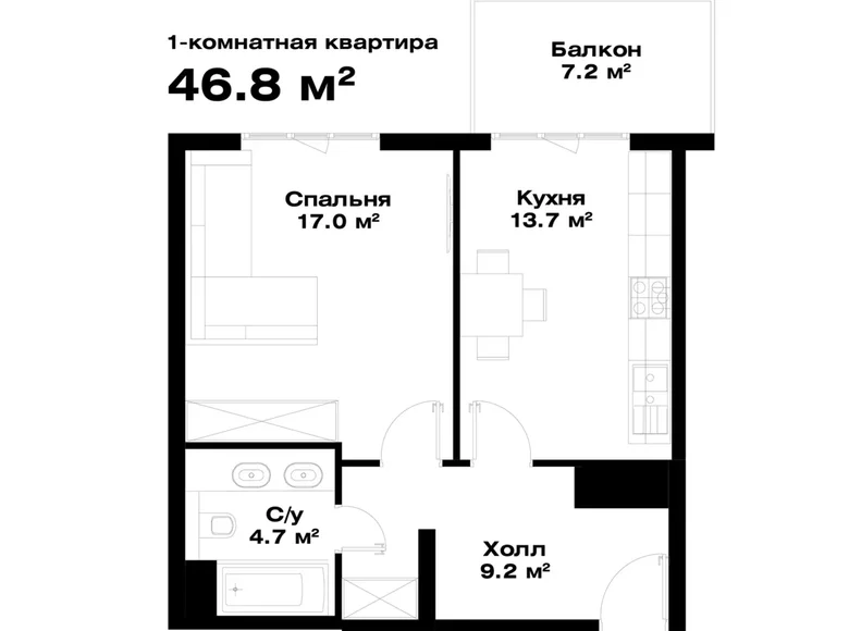Kvartira 1 xona 47 m² Toshkentda