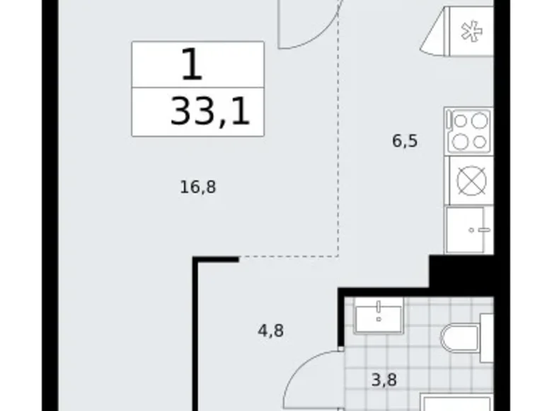 1 room apartment 33 m² Troitsk, Russia