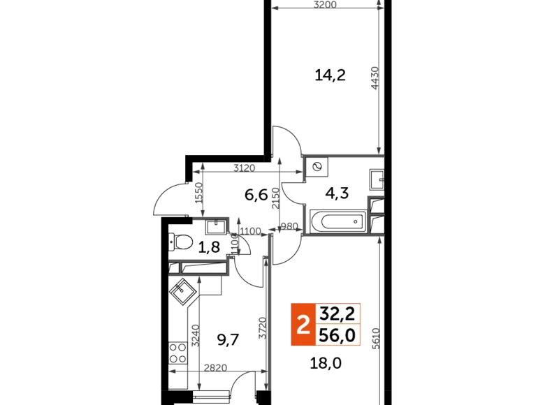 Apartamento 2 habitaciones 56 m² Veshki, Rusia