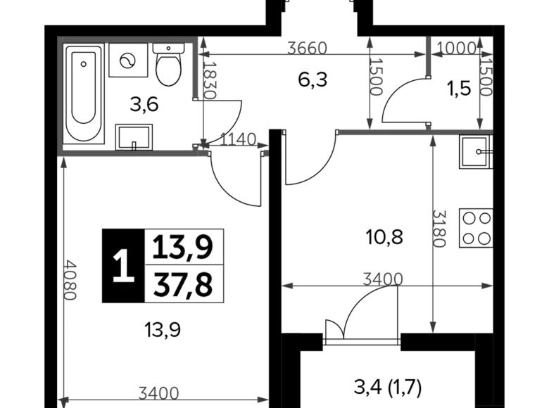 1 room apartment 38 m² Leninsky District, Russia