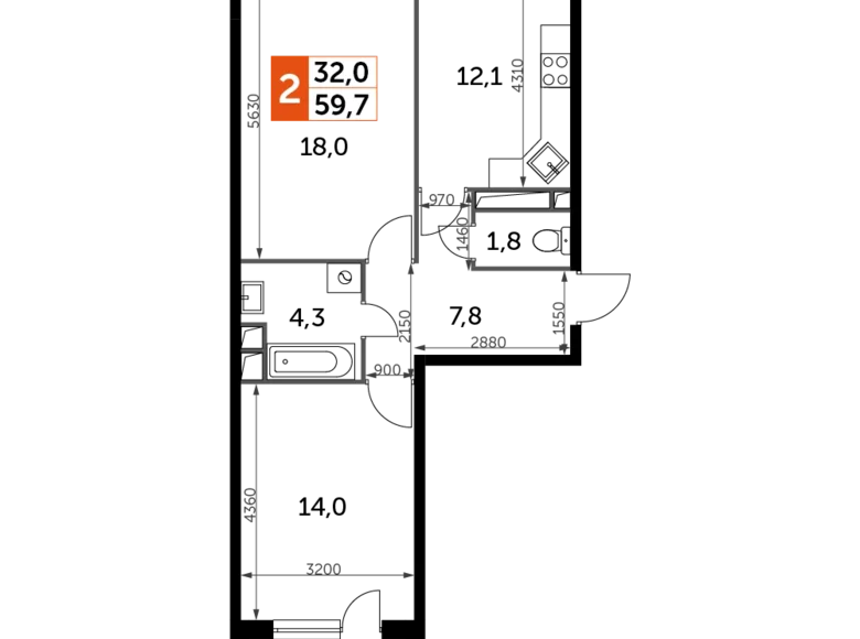 2 room apartment 60 m² Veshki, Russia