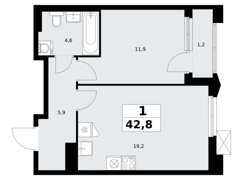 Квартира 1 комната 43 м² район Троицк, Россия