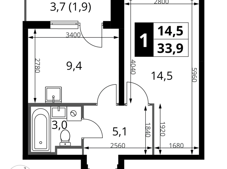 Квартира 1 комната 34 м² Potapovo, Россия