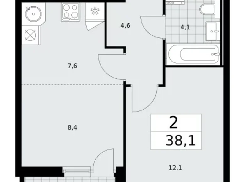 2 room apartment 38 m² Moscow, Russia