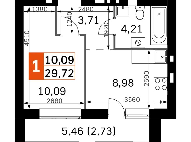 Квартира 1 комната 30 м² Одинцовский городской округ, Россия