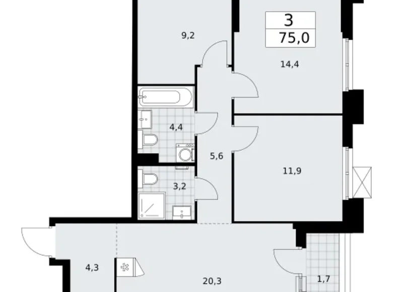 Appartement 3 chambres 75 m² Troïtsk, Russie