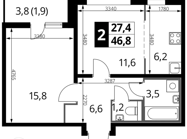 Квартира 2 комнаты 47 м² район Некрасовка, Россия