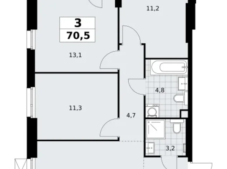 3 room apartment 71 m² South-Western Administrative Okrug, Russia