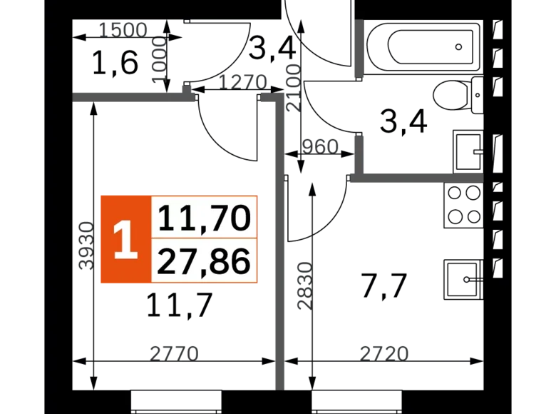 Mieszkanie 1 pokój 28 m² Naro-Fominskiy gorodskoy okrug, Rosja